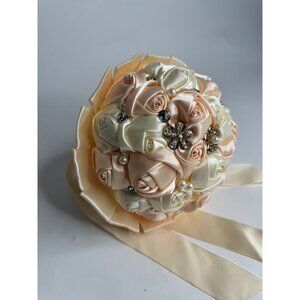 Satin Ribbon Rose Vintage Bridal Bouquet With Rhinestones Pearls & Flower Brooch